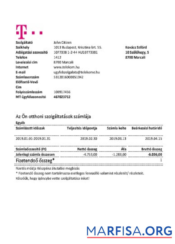 Realistic Hungary Magyartel utility bill real example